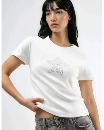 Tricou  guler rotund, detalii din pietre, alb, 100% bumbac