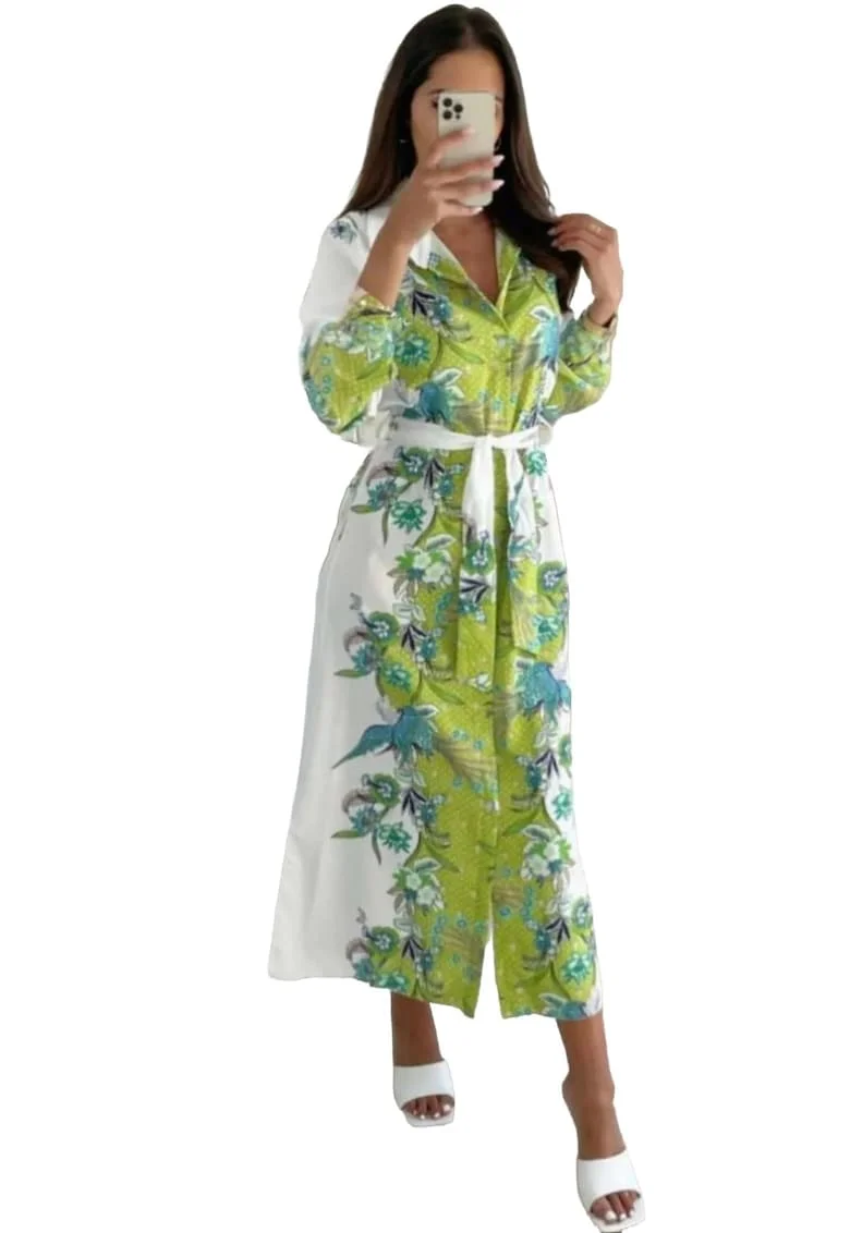 Rochie midi,  model floral, alb/verde, cu cordon, guler tip camasa
