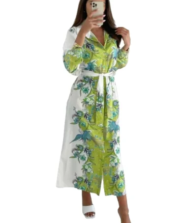 Rochie midi,  model floral, alb/verde, cu cordon, guler tip camasa