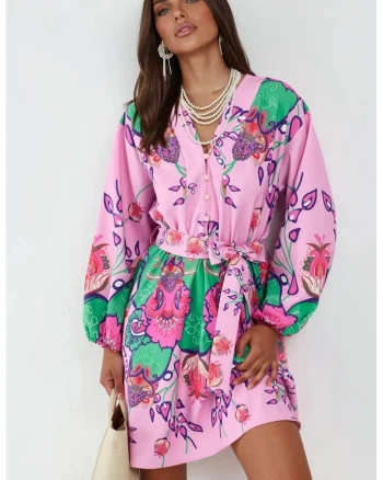 Rochie mini,  model floral, maneca lunga, multicolor, poliester/bumbac/lycra