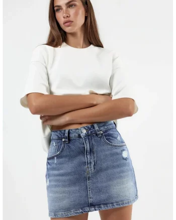 Fusta  din denim, albastru deschis, fermoar, croiala dreapta