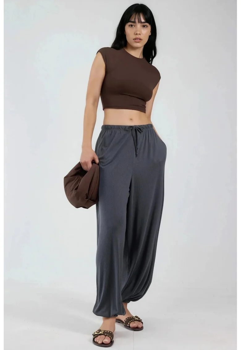 Pantaloni dama  gri, elastic, material modal-poliester