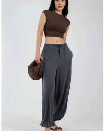 Pantaloni dama  gri, elastic, material modal-poliester