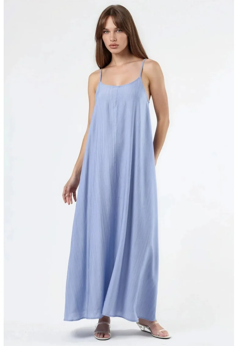 Rochie Midi  Albastru deschis, croiala lejera, guler in U, poliester si viscoza