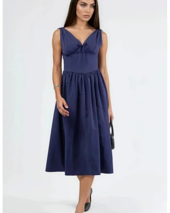 Rochie midi  decolteu in V, bleummarin, bumbac/poliester