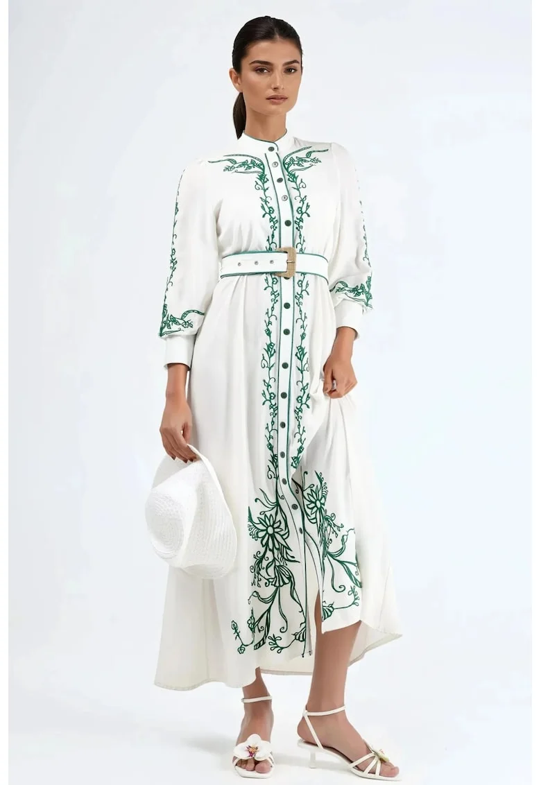 Rochie tip camasa midi,  model floral, alb/verde, bumbac, curea in talie
