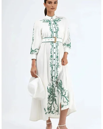 Rochie tip camasa midi,  model floral, alb/verde, bumbac, curea in talie