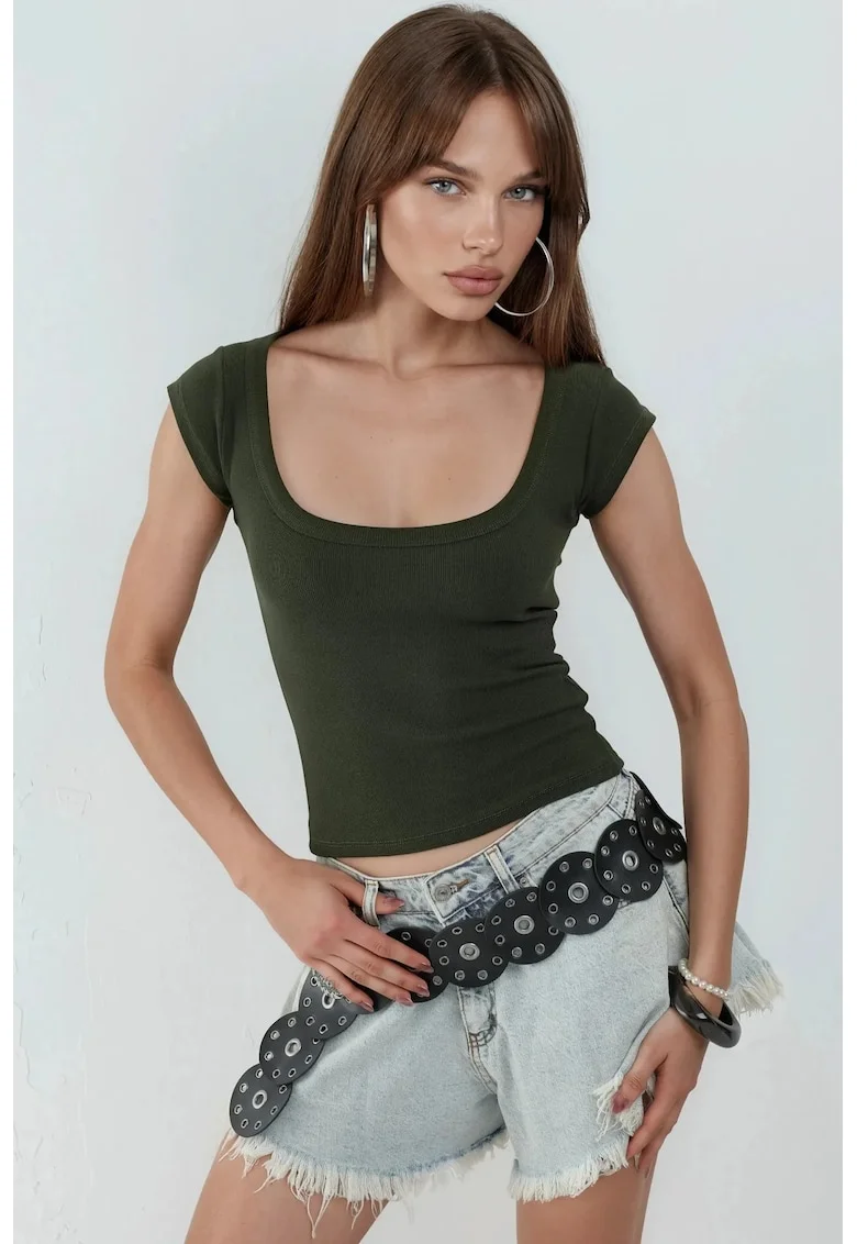 Tricou dama,  Guler U, Kaki, Bumbac/Elastan