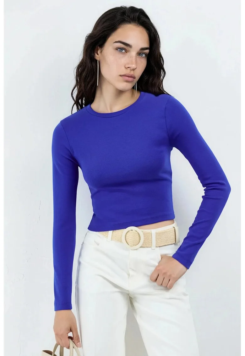 Bluza dama,  Guler rotund, Bumbac/Elastan, Albastru