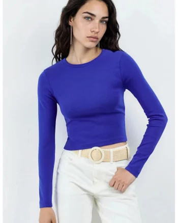 Bluza dama,  Guler rotund, Bumbac/Elastan, Albastru