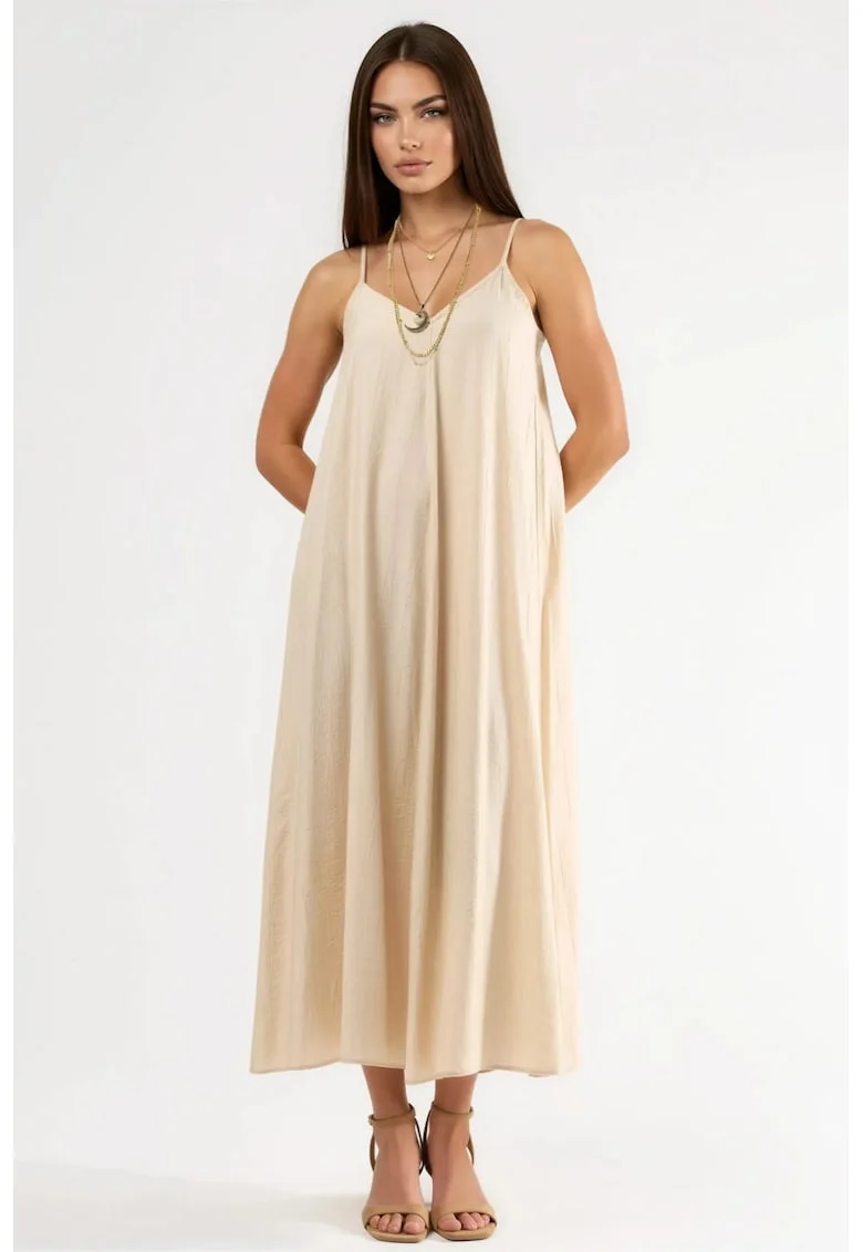 Rochie midi,  decolteu in V, poliester, bej