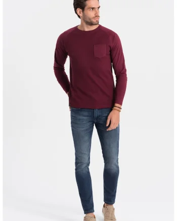 Bluza texturata cu buzunar pe piept, Visiniu