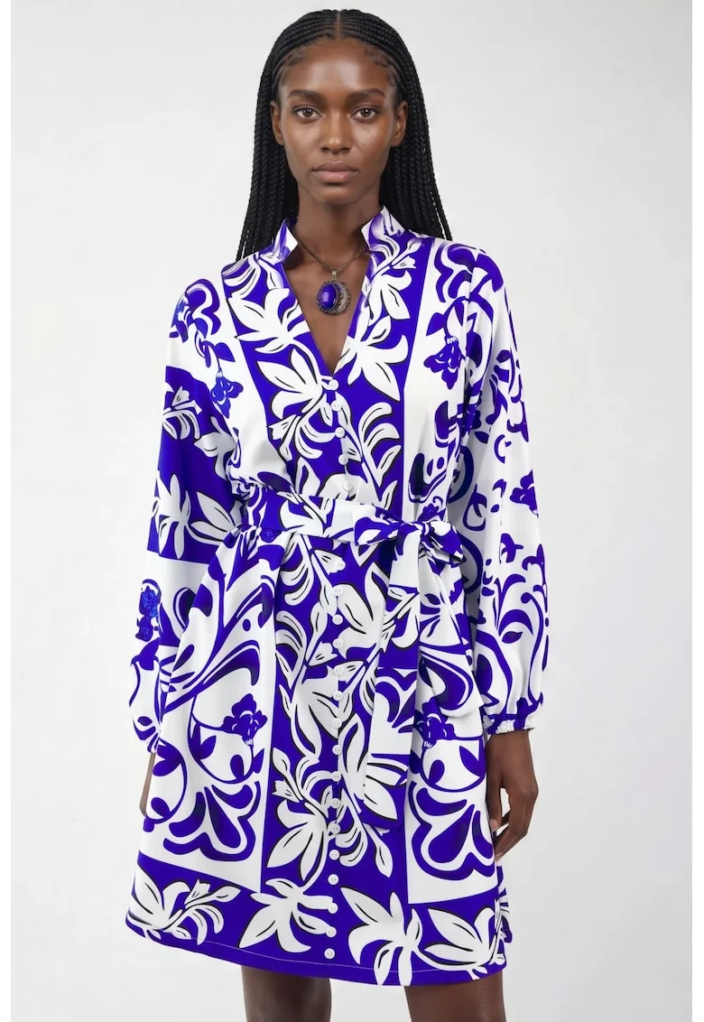 Rochie tip camasa mini,  poliester/bumbac, imprimeu floral, decolteu in V, cu maneca lunga, curea, alb/albastru