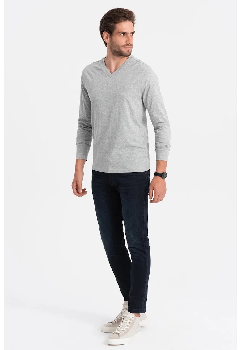 Bluza din bumbac cu decolteu in V, Gri deschis melange