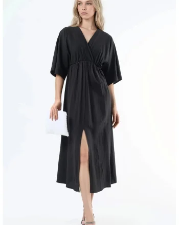 Rochie midi,  decolteu in V, maneci trei sferturi, negru, poliester
