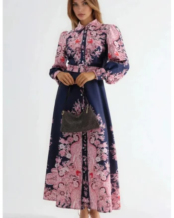 Rochie Maxi,  cu imprimeu, poliester, cu cordon, roz/bleumarin