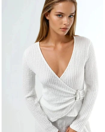 Bluza dama,  texturata, decolteu in V, alb, poliester
