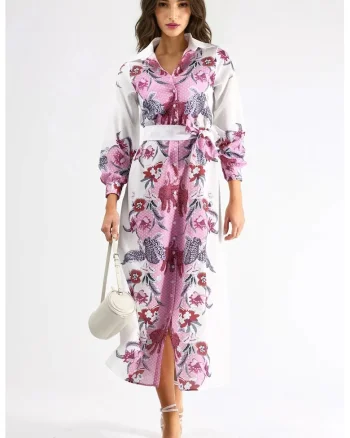 Rochie midi  cu imprimeu, maneca lunga, poliester si lycra, alb/roz