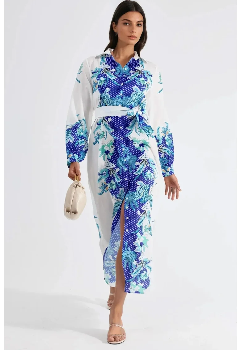 Rochie midi MSN cu imprimeu floral, maneca lunga, poliester, alb/albastru