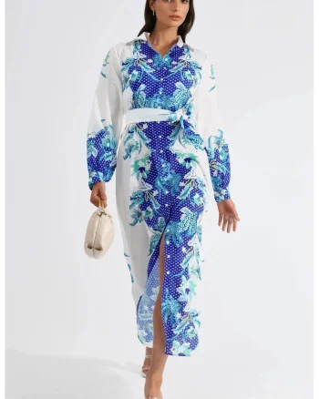 Rochie midi MSN cu imprimeu floral, maneca lunga, poliester, alb/albastru