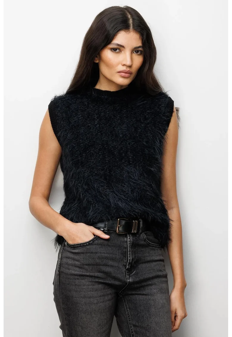 Vesta tricotata,  neagra, cu blana artificiala, fara inchidere, pentru femei,