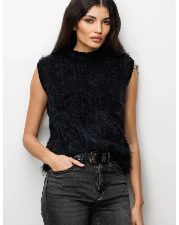 Vesta tricotata,  neagra, cu blana artificiala, fara inchidere, pentru femei,