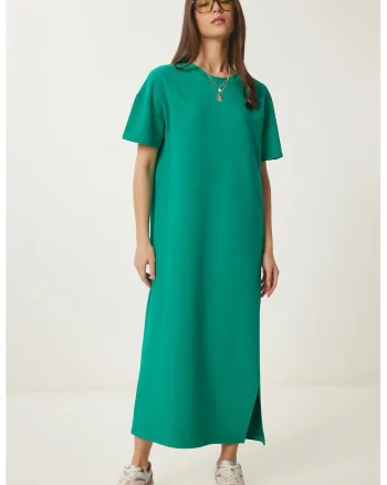 Rochie midi, Happiness Istanbul, verde, bumbac, cu slit, maneca scurta,
