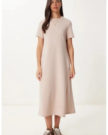 Rochie midi Happiness Istanbul, maneci scurte, crem, bumbac/poliester/elastan,