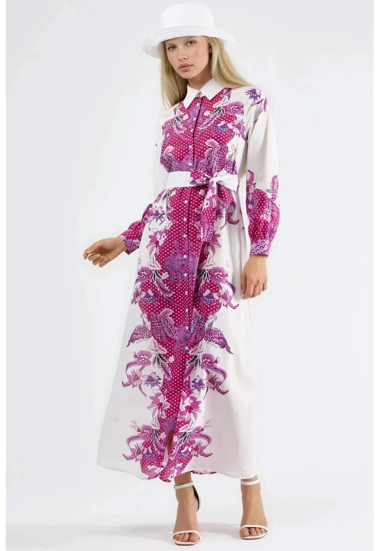 Rochie midi,  imprimeu floral, maneca lunga, poliester/lycra, roz/alb