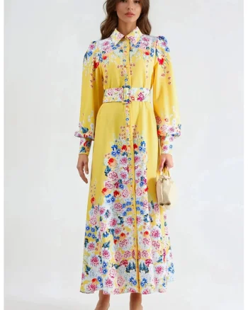 Rochie Maxi,  Floral, Galben Lamaie, Poliester, Maneci Lungi