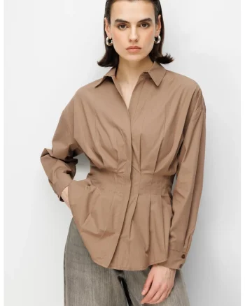 Camasi dama,  camasa poplin mulata, maneca lunga, maro mocha, bumbac