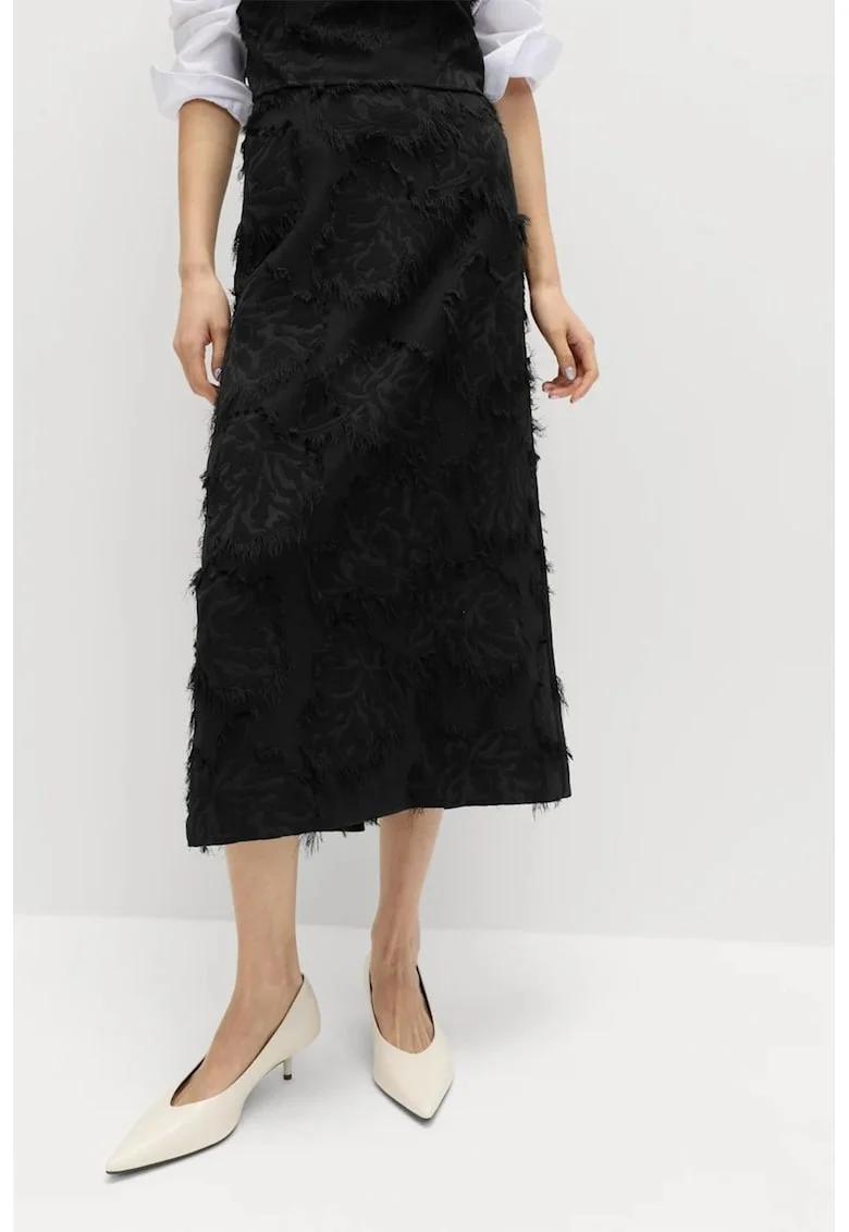 Fusta midi texturata din jacquard cu model floral, Negru