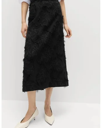 Fusta midi texturata din jacquard cu model floral, Negru