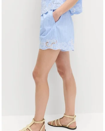 Pantaloni scurti de bumbac in dungi, cu perforatii si terminatii valurite, Albastru azur