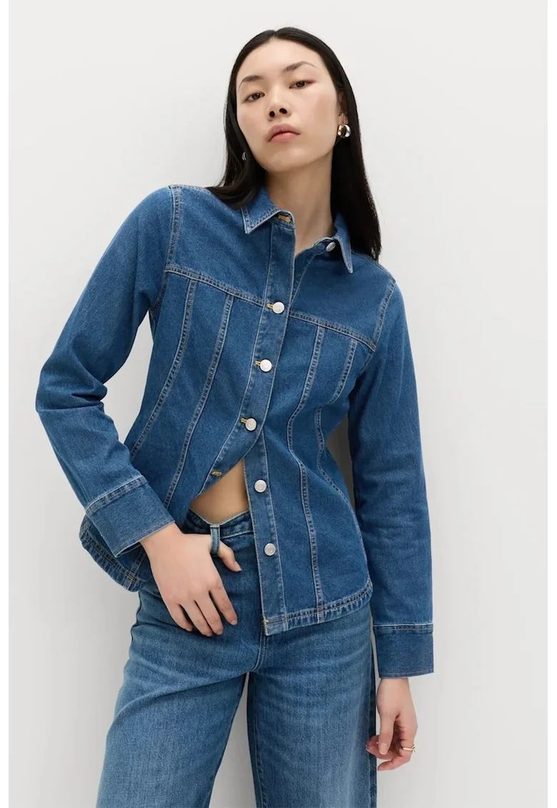Camasa din denim cu nasturi, Albastru inchis melange
