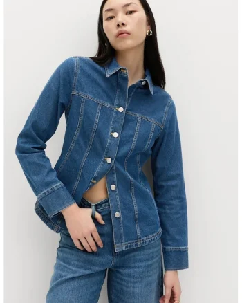 Camasa din denim cu nasturi, Albastru inchis melange