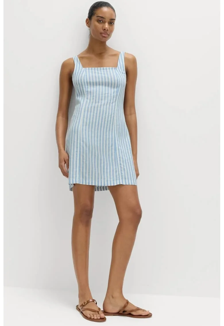 Rochie mini dreapta din amestec de in cu decolteu patrat, Alb/Albastru deschis