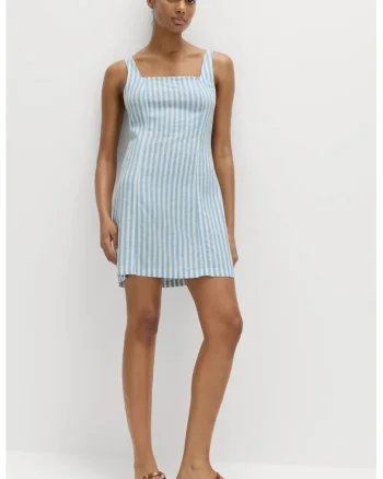 Rochie mini dreapta din amestec de in cu decolteu patrat, Alb/Albastru deschis