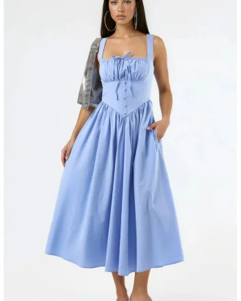 Rochie Midi  guler patrat, cu nasturi, bumbac/poliester, Albastru deschis