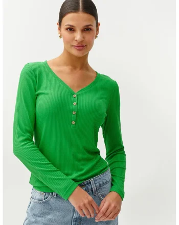 Bluza din amestec de modal cu decolteu henley, Verde