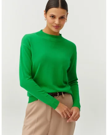 Pulover cu model uni si guler scurt, Verde
