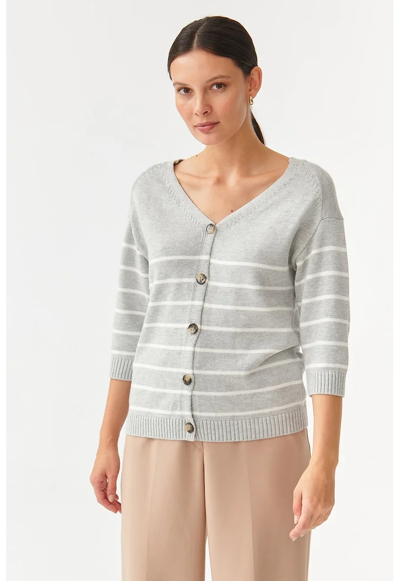Cardigan cu model in dungi si decolteu in V Sare, Alb/Gri deschis