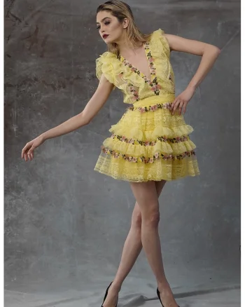 Rochie din tul cu detalii florale Lula, Galben