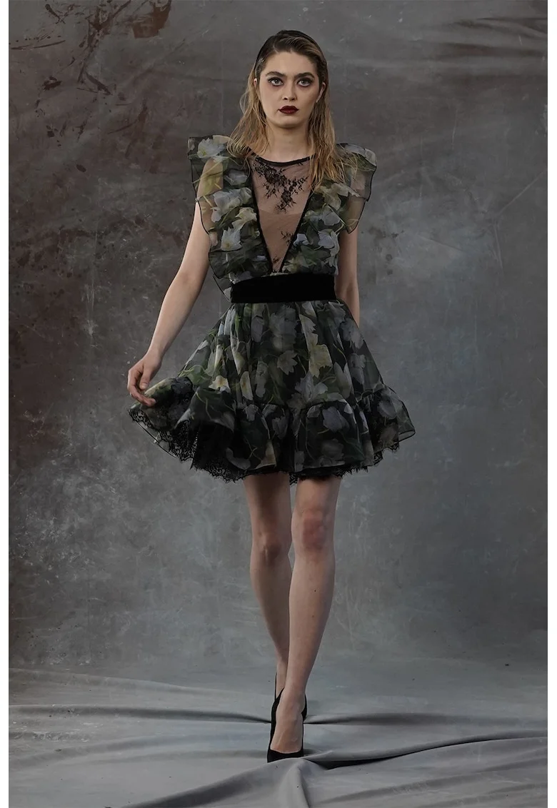Rochie cu imprimeu floral si garnituri de dantela, Verde/Negru/Albastru prafuit