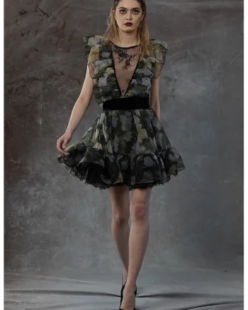 Rochie cu imprimeu floral si garnituri de dantela, Verde/Negru/Albastru prafuit