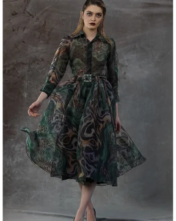 Rochie evazata cu imprimeu abstract Xela, Verde/Maro