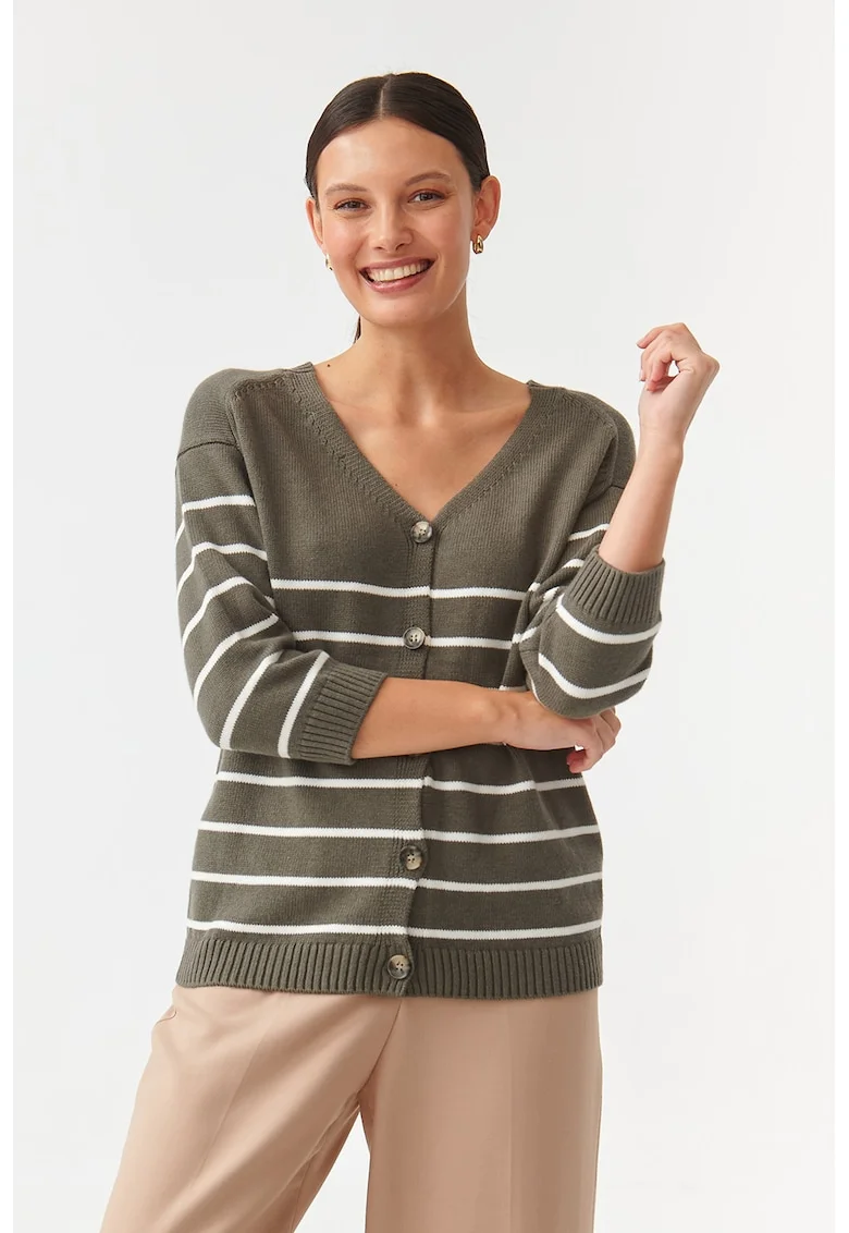 Cardigan cu model in dungi si decolteu in V Sare, Alb/Kaki