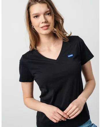 Tricou slim fit cu decolteu in V, Negru