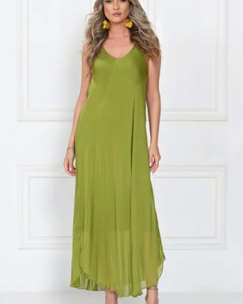 Rochie lunga din matase cu croi fluid si bretele fine, eleganta, verde olive