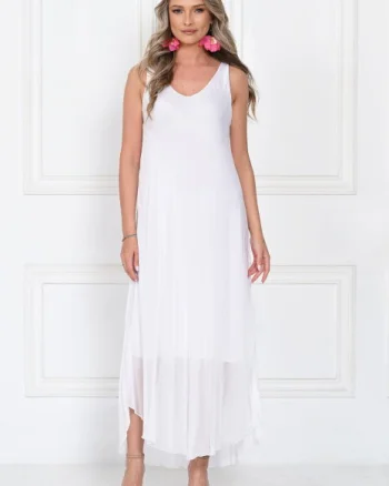 Rochie lunga din matase cu croi fluid si bretele fine, eleganta, alba